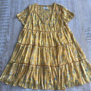 Urban Outfitters Yellow Floral A-Line Mini V-Neck Dress Short Sleeves Size Small